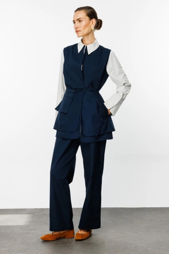 Navy Gabardine Pocketed Belted Vest - 2