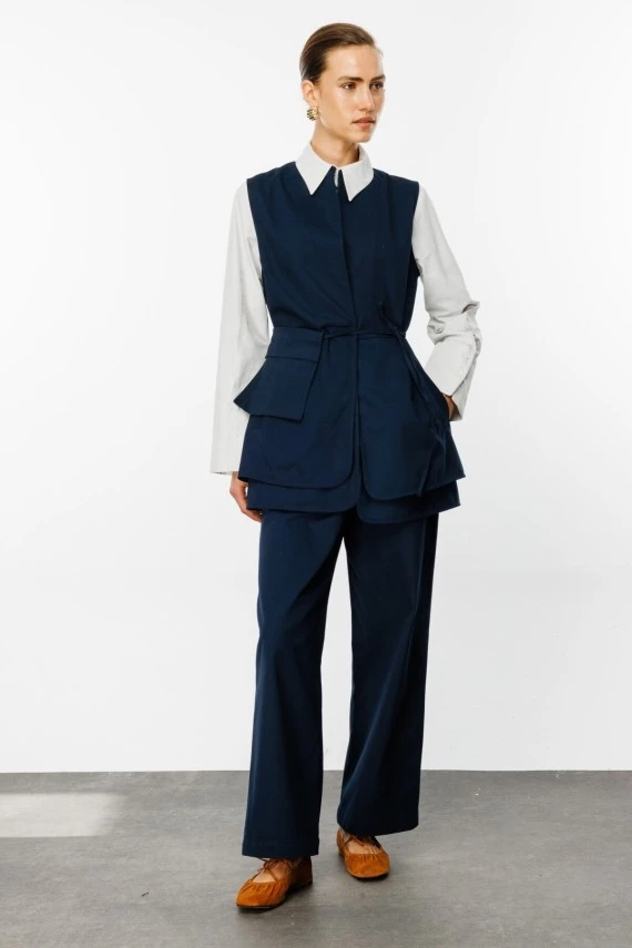 Navy Gabardine Pocketed Belted Vest - 5