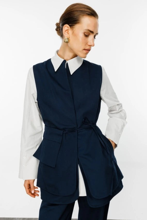 Navy Gabardine Pocketed Belted Vest - 1