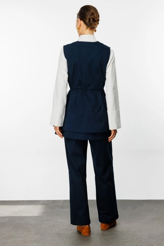 Navy Gabardine Pocketed Belted Vest - 7