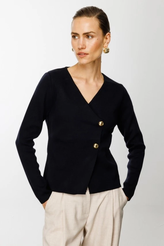 Navy Knit Blouse with Gold Buttons - 1