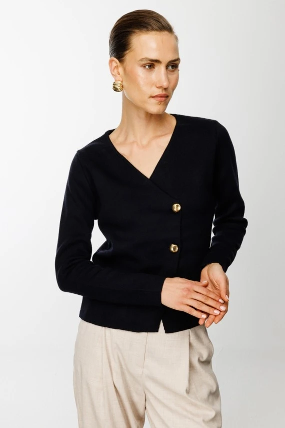 Navy Knit Blouse with Gold Buttons - 3