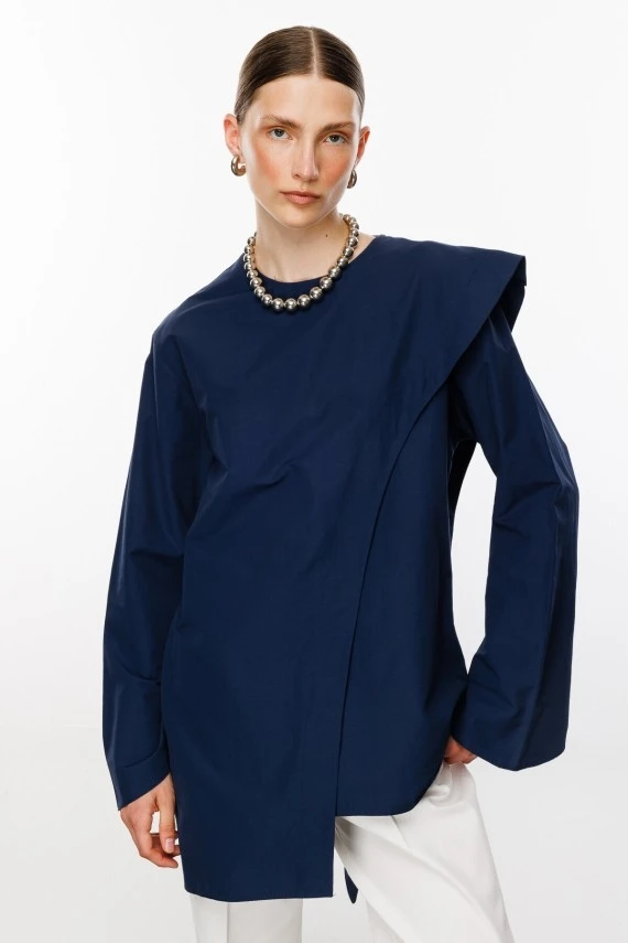 Navy Scarf Detailed Poplin Blouse - 5