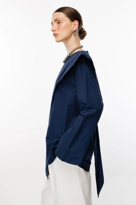 Navy Scarf Detailed Poplin Blouse - 2