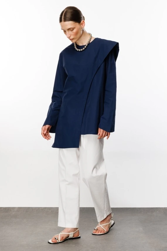 Navy Scarf Detailed Poplin Blouse - 3