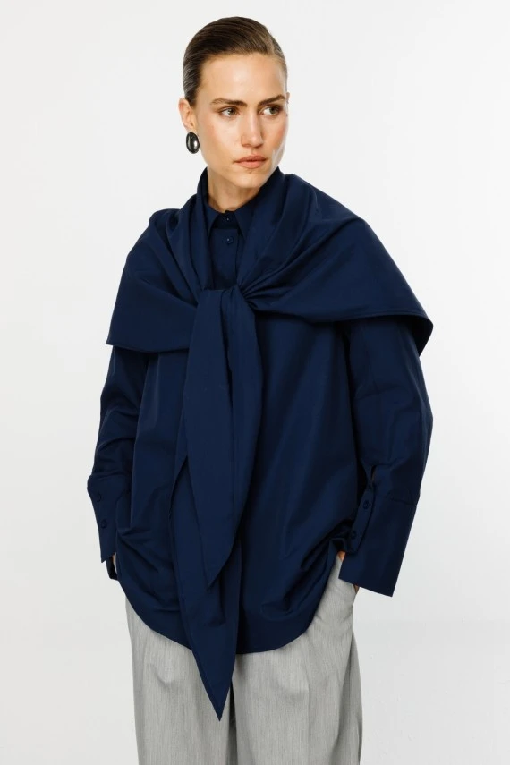 Navy Shirt with Removable Scarf - 1