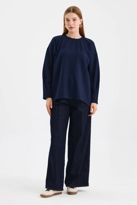 Navy Sweatshirt with Stitch Detail on the Sleeves - 2