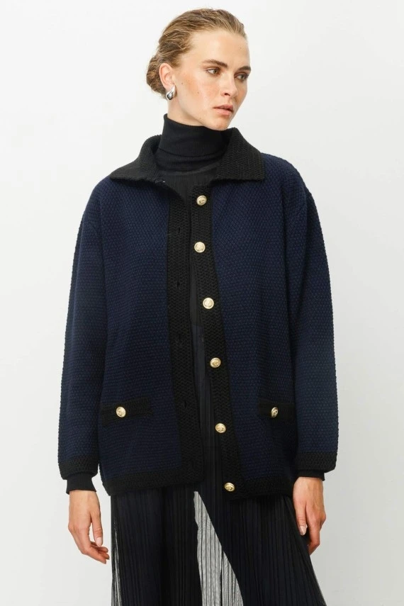 Navy Textured Polo Collar Cardigan - 3