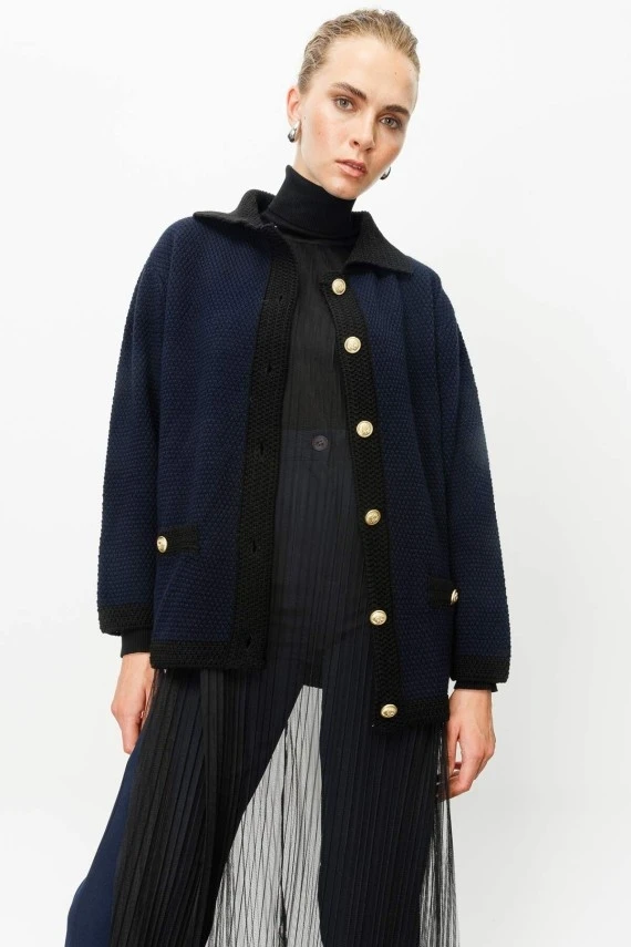 Navy Textured Polo Collar Cardigan - 6