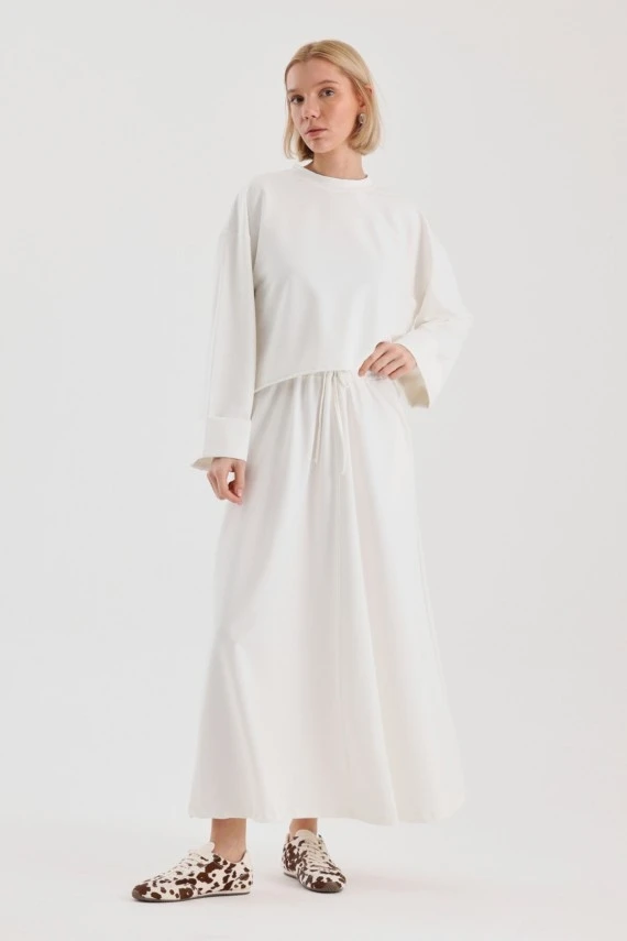 Off-White Double-Sleeve Detailed Skirted Basic Set - 6