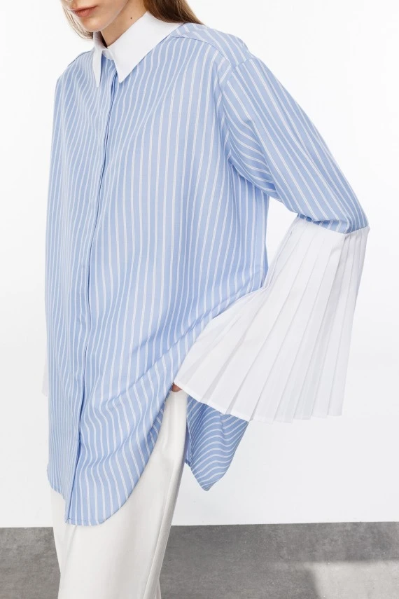 Striped Pleated Sleeve Shirt - 5