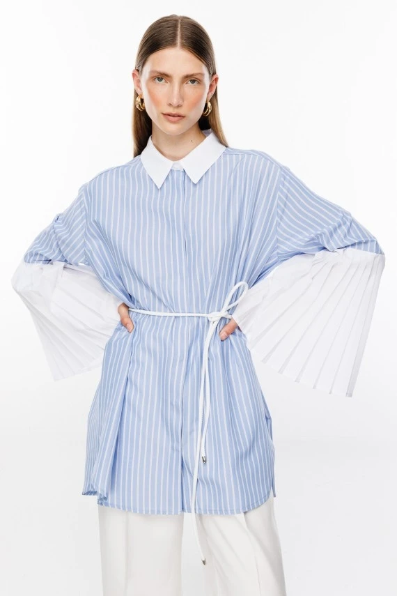 Striped Pleated Sleeve Shirt - 1